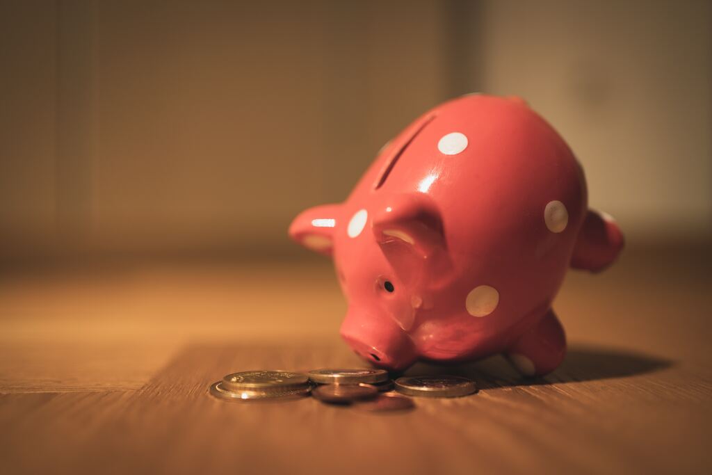 硬貨に鼻を近づけている豚の貯金箱の画像